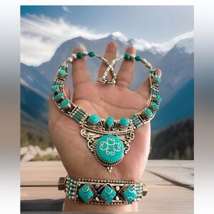 Handcrafted Ethnic Tribal Style Necklace Inlay Turquoise Set In Silver 124grams